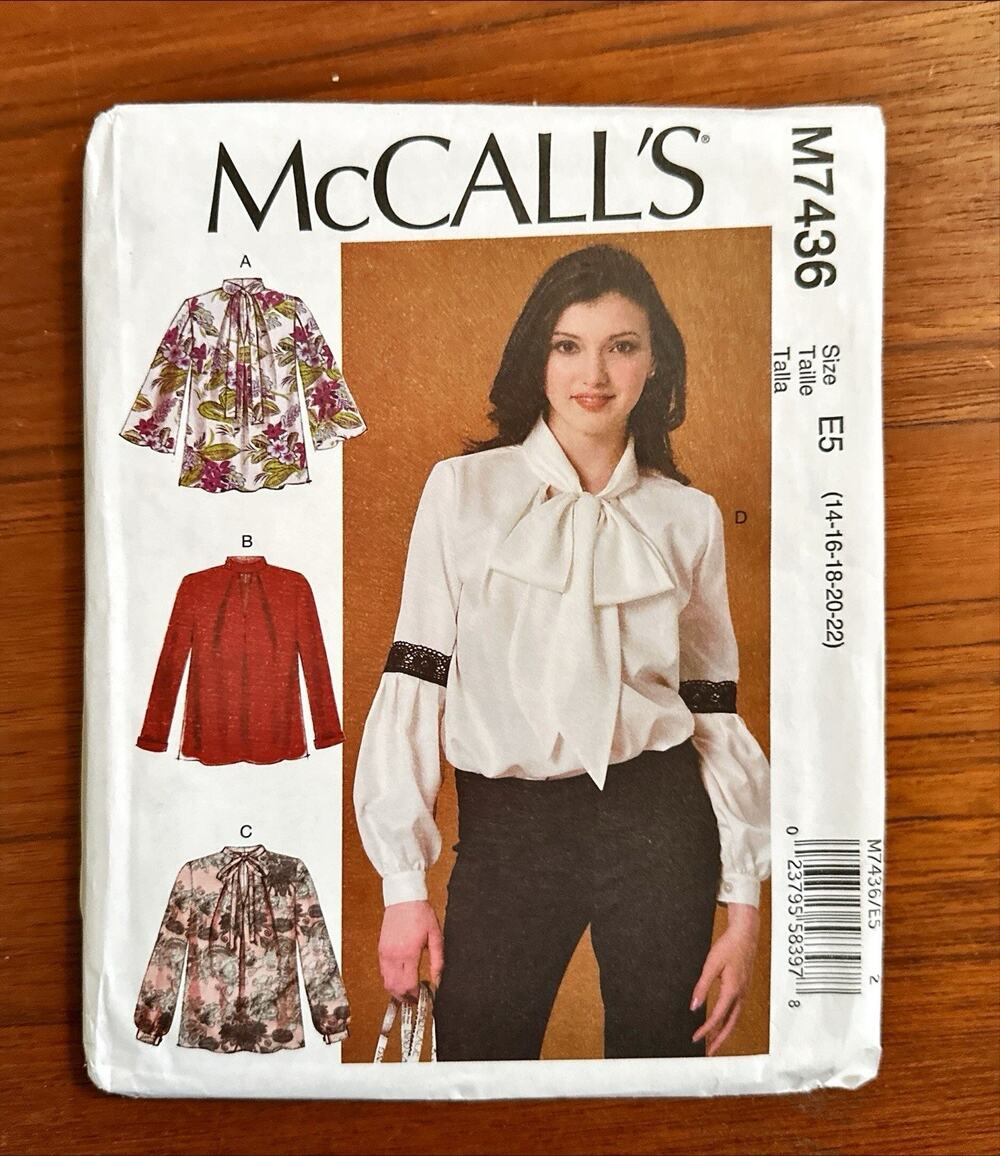 UNCUT MCCALL'S M7436 Blouse Bow Neck Pattern 14-22